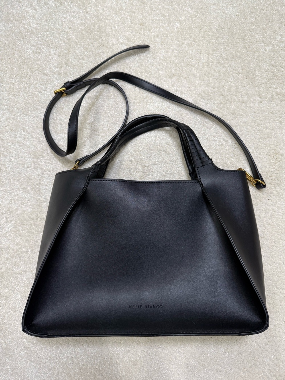 Melie Bianco Megan Minimalist Black Vegan Leather Structured Shoulder Bag Tote